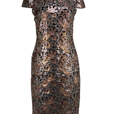 Alice &amp; Olivia - Silver &amp; Gold Sequin Mock Neck Short Sleeve Dress Sz 12