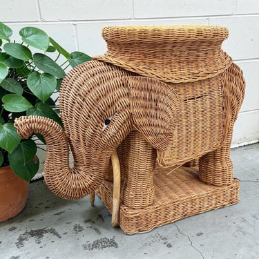 Vintage Elephant Side Table or Plant Stand Retro 1970s Bohemian + Tan Wicker Frame + Painted Eyes + Lifted Trunk + Boho Animal Furniture 