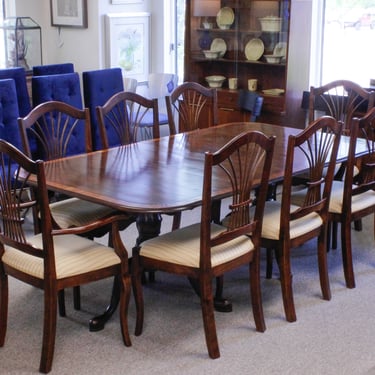 Dillon & Co English Dining Table with 2 Leaves & Set of 8 Wheat Shaff Chairs