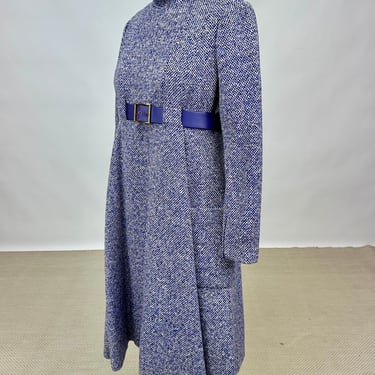 Vintage 1960s Designer Geoffrey Beene Wool Tweed Long Sleeve Mod Dress Knee Length with Belt 