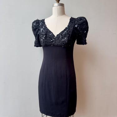 1980s 90s Black Sequin Lace Dress | Vintage Little Black Dress | Puff Sleeve Cocktail Dress 