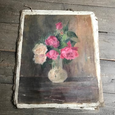 Antique French Floral Oil Painting, Rose Flowers in Vase, Pink Roses, Still Life, Unframed Original Artwork 