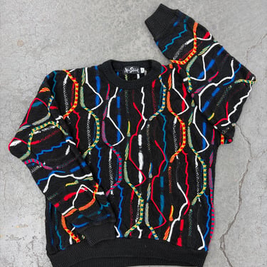 Vintage Alan Stuart 3D Textured Knit Sweater 1980s Retro Unisex Size Large + 100% Acrylic + Black/Blue/Red + Pullover + L/S 