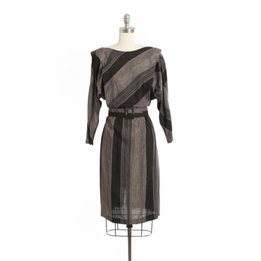 Vintage 80s Black + white striped Open back rayon wiggle dress 
