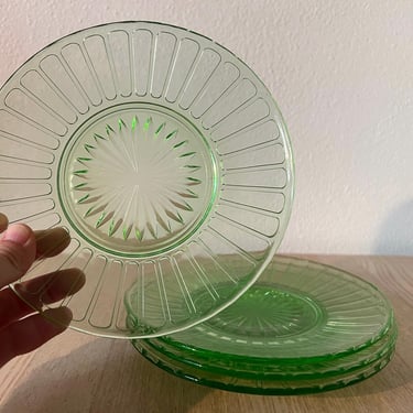 Vintage 1930s Ribbon Green Uranium Depression Glass Dessert Plates by Hazel-Atlas | Collectible Ultraviolet Glow Futuristic Retro | Set of 4 