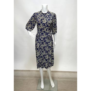 Vintage 1940s Smocked Day Dress Dark Blue White Green Mid Century Floral Print 