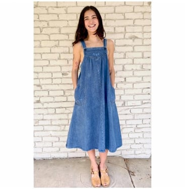 Vintage 70s Denim Overall Dress Cottagecore Pocket Midi Pinafore Small 