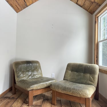 Brutalist Oak and Leather Lounge Chairs 