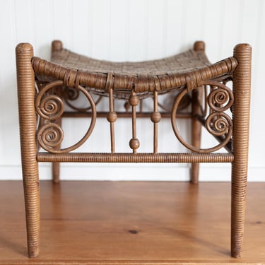 RARE Antique American Thebes Stool from Heywood Brothers Wakefield | Highly Collectible Antique Brand | Woven Caned Seat Abacus Foot Stool 