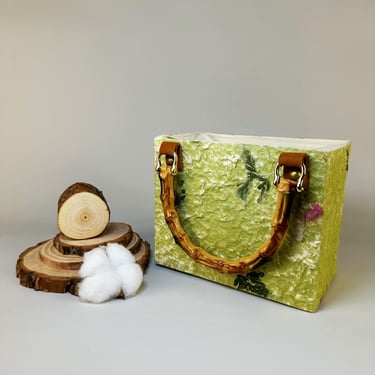 Exquisitely Crafted Grass Green Small Tote with Pressed Flower Details and Bamboo Handle- Perfectly Compact and Elegant Gift 