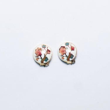 Vintage Floral Cloisonné Button Clip Earrings 