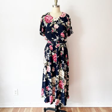 SIZE XL / 1X - Carol Anderson Maxi Dress - Vintage 90s Floral Maxi Dress Long Flowy - Navy Soft Floral Cottagecore Boho Blue 