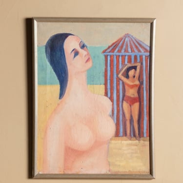 Modernist Nude & Striped Beach Cabana Oil Painting, Italy, 1950's