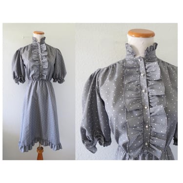 Vintage Ruffle Polka Dot Dress - Gray Puff Sleeve Midi Secretary Office Style Dress - 70s 80s Blouson Dress - Size XS Small 