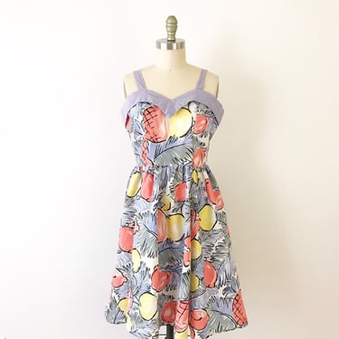 SIZE L Fruit Print Dress, 1980s Vintage Tropical Fruit Print Dress Sweetheart Neckline Spaghetti Strap Fit Flare 