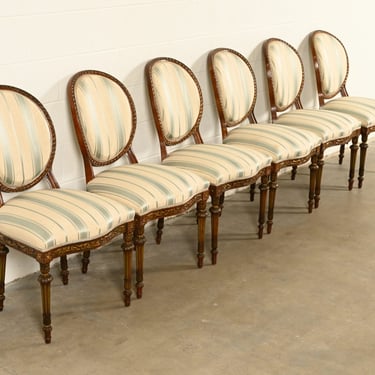 Karges Style French Regency Louis XVI Carved Mahogany and Gold Gilt Dining Chairs, Set of Six