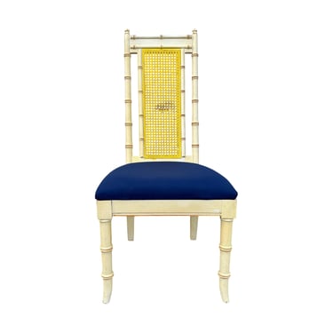 Faux Bamboo Dining Chair Project - Vintage Yellow Wood & Rattan Cane Hollywood Regency Coastal Style 
