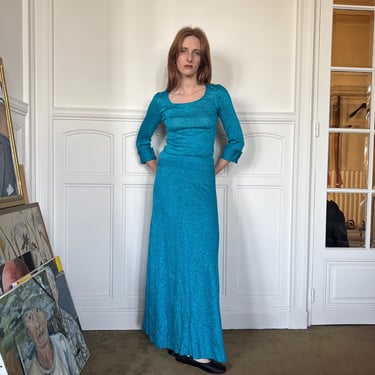 1960s french made turquoise lurex knit set, sweater and long skirt / extra small - small 