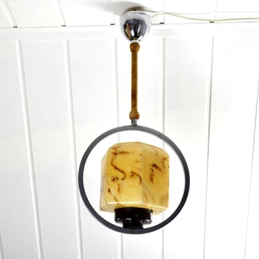 Art Deco ceiling lamp, pendant light, glass, brass ring, vintage 1920s, 1930s, 1940s lamp, light fixture, design, brass, mid-century, marbled 