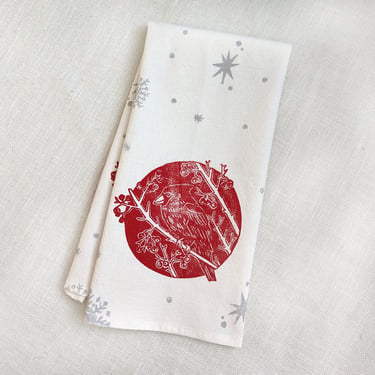 Cardinal Tea Towel, 28 x 28 inch Block Printed Cardinal Snowflake Cotton Kitchen Towel, Table Topper, Small Square Tablecloth, Winter Decor 