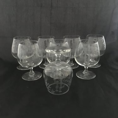 Set of 2 Mid Century Modern Etched Crystal Brandy Snifter Glasses, Sasaki Bamboo, Cognac Whiskey Spirit Cider Rum Glasses, Tropical Tiki 