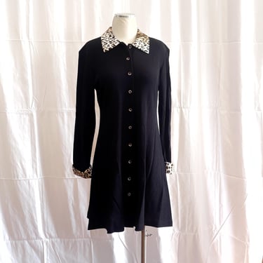 Vintage 1990s • Black Knit Dress • Faux Leopard Print  Fur Trim Cuff & Collar • Ronnie Nicole by Ouida • Petite Medium • Made in USA 