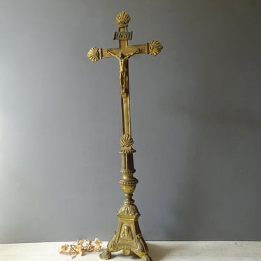 Tall  Antique French Church Gilded Bronze Christ Footed Cross,/Altar Crucifix. 