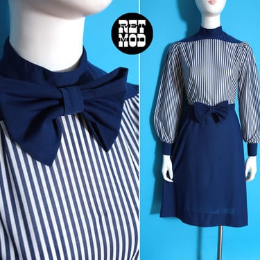 Cute Vintage 70s 80s Navy Blue White Stripe Day Dress with Versatile Bow Tie 