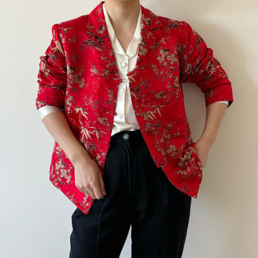 vintage blazer vintage jacket oriental style satin silk floral bamboo botanic red embroidered button down blouse silk blazer size M 