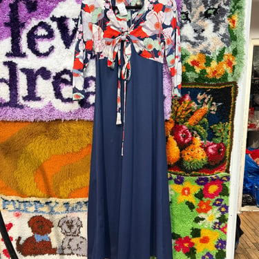 Vintage 70s blue and red floral tie Front maxi dress / medium 