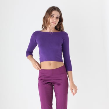 90s Vintage Dotti Grape Purple Soft Stretch Cropped Knit Fitted Sweater Crop Top 
