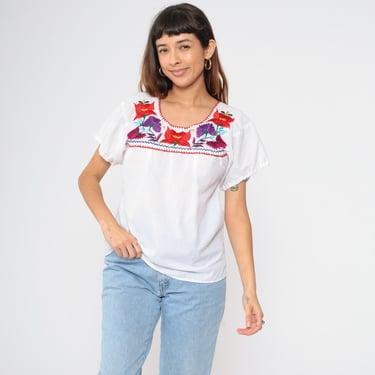 Mexican Floral Blouse 90s White Embroidered Top Peasant Hippie Short Sleeve Folk Shirt Summer Boho Vintage 1990s Small S 