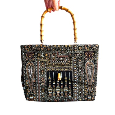 Vintage M. Yamamoto & Co Silk Bag with Bamboo Handle, Screen Print Silk in Black, Gold, Brown and Blue, Top Handle Bag, Kyoto Japan Purse 