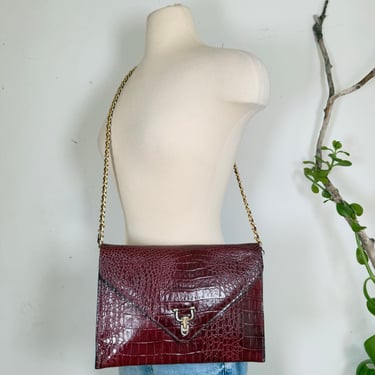 Burgundy Croc Embossed Chain Clutch Bag Patent Faux Leather Vintage Glam 