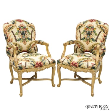 Vintage French Country Louis XV Style Carved Wood Lounge Arm Chairs - a Pair