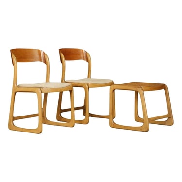 Pair of 1970s Bentwood Chairs & Caned Ottoman by Baumann France, Signed 