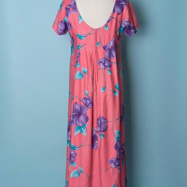 1980s Hilo Hattie Salmon Pink Hawaiian Print Maxi Dress with Waterfall Back 
