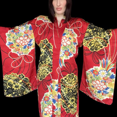 Vintage 1940's Floral Geometric Art Deco Inspired Silk Jacquard Japanese Haori / Kimono / Robe / Duster - OS One Size Fits Many 