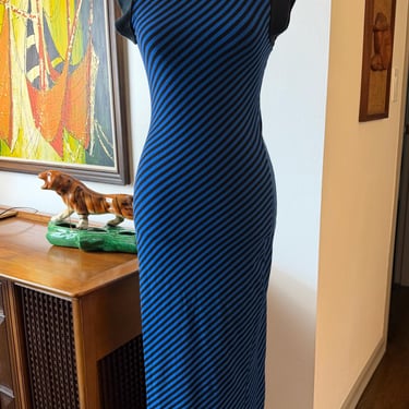 Vintage 90s BETSEY JOHNSON Striped Bodycon Midi Dress Made in the USA Size S-M 