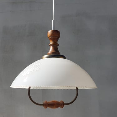 Vintage White Glass Pendant Lamp with Floral Etching, Mid-Century Wooden and Brass Hanging Light, Farmhouse Rustic Ceiling Fixture 