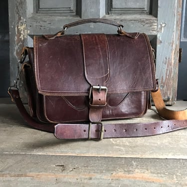 Leather Handbag Artisan Crafted Chestnut Brown Mini Briefcase, 1960s 70s 80s 