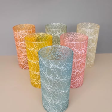 Vintage MCM Spaghetti String Water Glasses | Set of 6 Pastel Tumblers | Retro Mid Century Shat-R-Pruf Drinkware | Color Craft Style Barware 