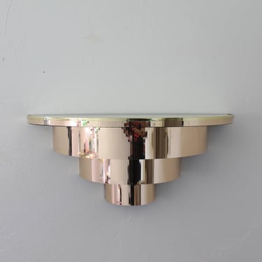 Vintage 70s Disco Console Table, Cascading Demilune Wall Mounted Shelf in Gold 