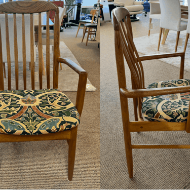 Benny Linden Chairs<br />BL10 Chairs – Arms<br />Pattern Fabric<br />Solid Teak<br />19 x 21.5 x 17(seat) 38(back)