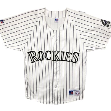 Vintage 90s Russell Athletic Colorado Rockies Baseball Made in USA Pinstripe MLB Cotton Jersey Size Small/Medium 