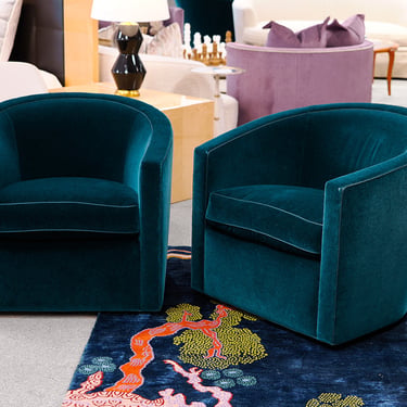 Pair of A. Rudin Custom Upholstered Swivel Chairs