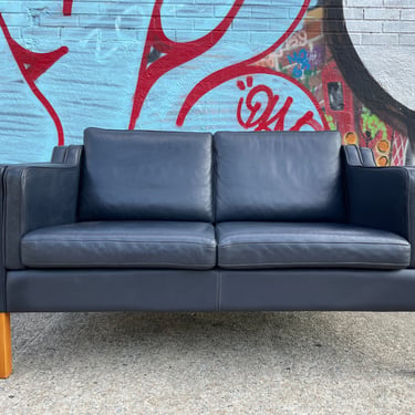 Mid century Danish modern beautiful Navy Blue leather 2 seat sofa birch legs Børge Mogensen 