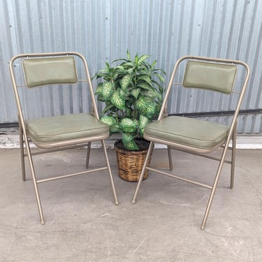 Vintage Samsonite Folding Chairs Retro 1970s MCM + Set of Two + Green Vinyl + Padded Seats + Metal Frame + Fold up + Card Table Seating 