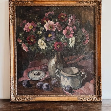 1920 Belgian Still Life Oil on Canvas Painting, Dark Florals 