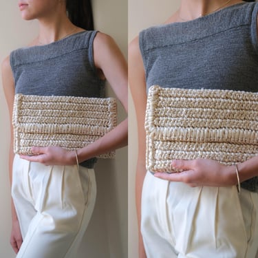 Vintage 70s Josef Italian Straw Envelope Clutch | White Crochet Bag | Made in ITALY | Pearlescent Moiré Lining | 1970s Resort Purse 